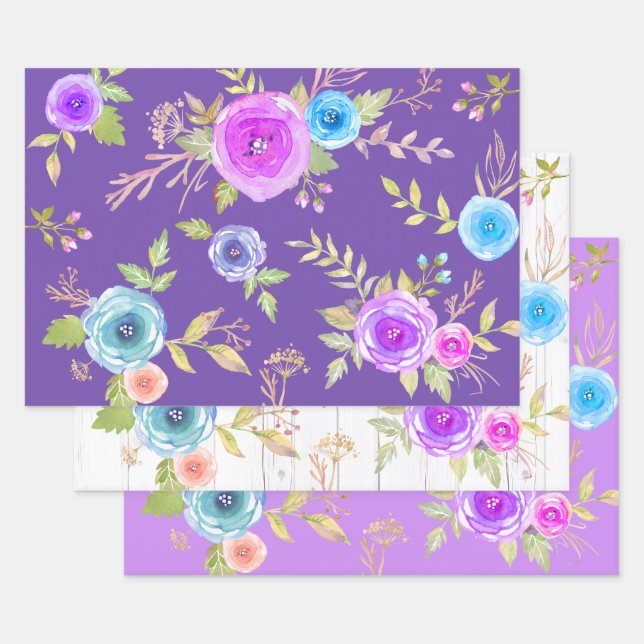 Feuille De Papier Cadeau Aquarelle à fleurs violet bleu pays chic (Lot)