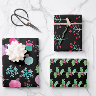 Feuille De Papier Cadeau Aquarelle à la main Flocs de neige Noël Noir Blanc