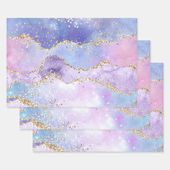 Feuille De Papier Cadeau Aquarelle Agate or Parties scintillant rose violet (Lot)