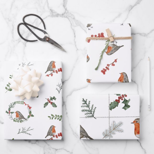 Feuille De Papier Cadeau Aquarelle Anglais Robin Noël Cadeau de Noël (Recto)