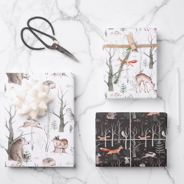 Feuille De Papier Cadeau Aquarelle Animaux forestiers (Recto)