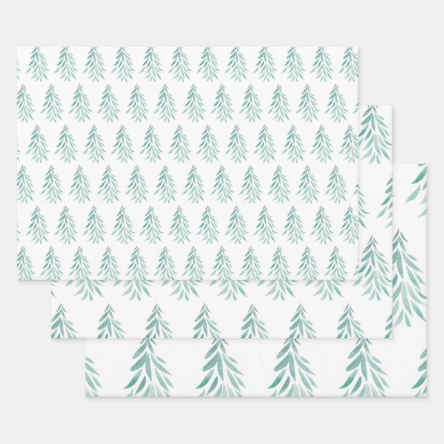 Feuille De Papier Cadeau Aquarelle Arbres À feuillage persistant Brosses 3 (Lot)