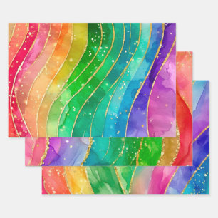 Feuille De Papier Cadeau Aquarelle Arc-en-ciel et encre alcoolique à paille