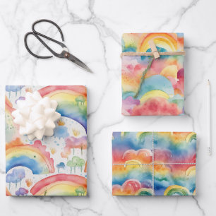 Feuille De Papier Cadeau Aquarelle Arcs-en-ciel et nuages