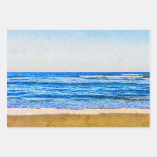 Feuille De Papier Cadeau Aquarelle au calme Océan bleu et plage de sable