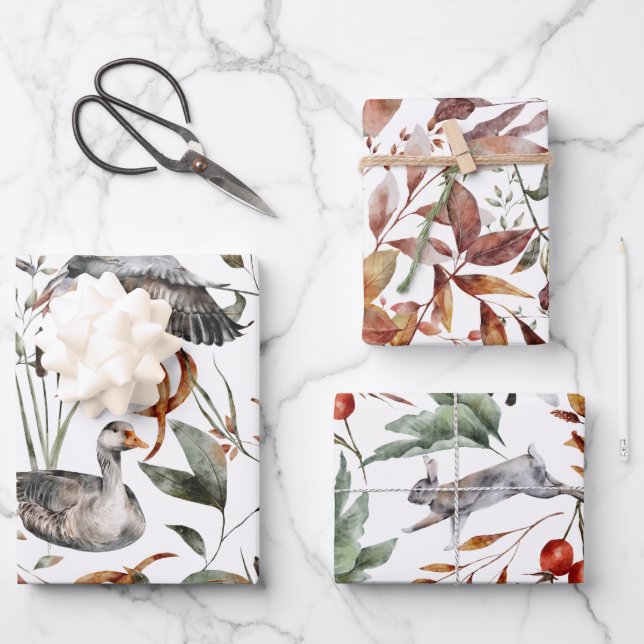 Feuille De Papier Cadeau Aquarelle Automne Feuillage Animaux de la forêt (Recto)