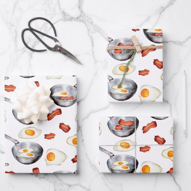 Feuille De Papier Cadeau Aquarelle Bacon & Oeufs Petit déjeuner Motif alime (Recto)