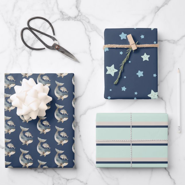 Feuille De Papier Cadeau Aquarelle Baleine - Etoile - Bleu de marine Motif (Recto)