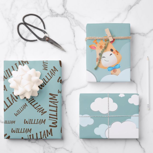 Feuille De Papier Cadeau Aquarelle bébé Giraffe, Safari Animaux Anniversair (Recto)