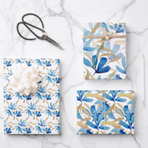 Feuille De Papier Cadeau Aquarelle Bleu Clair Et Or Peinte À La Main
