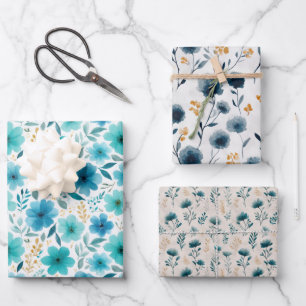 Feuille De Papier Cadeau Aquarelle Bleu Fleur sauvage esthétique Floral