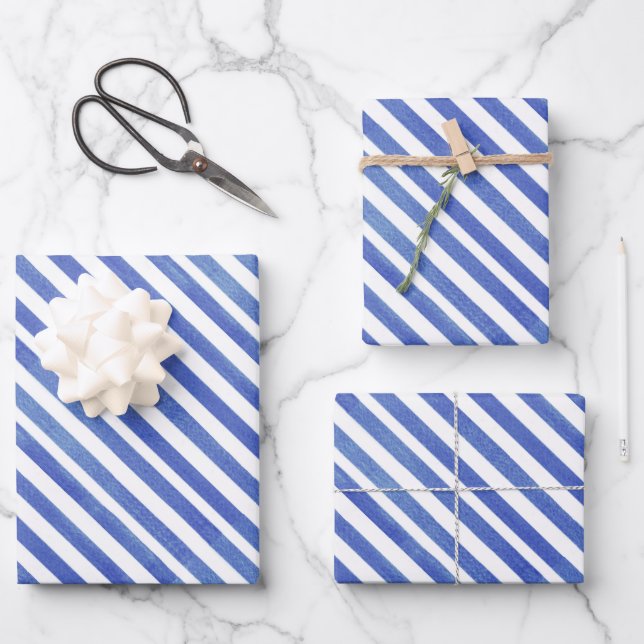 Feuille De Papier Cadeau Aquarelle Bleu nautique et Bleu blanc (Recto)