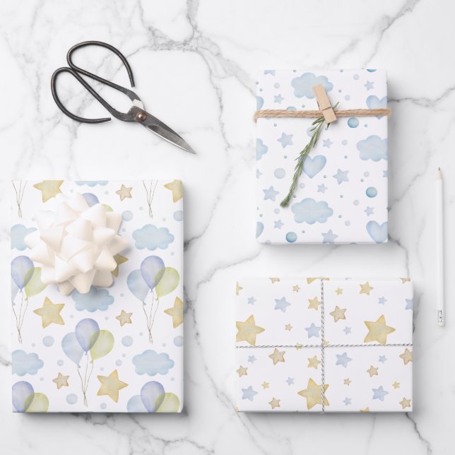 Feuille De Papier Cadeau Aquarelle Bleu nuages Étoiles et ballons (Recto)
