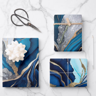 Feuille De Papier Cadeau Aquarelle Bleu profond, encre d'alcool d'argent et