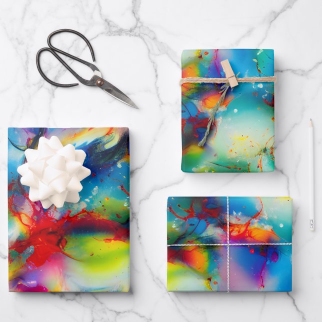 Feuille De Papier Cadeau Aquarelle bleu rouge jaune vert Abstraction (Recto)