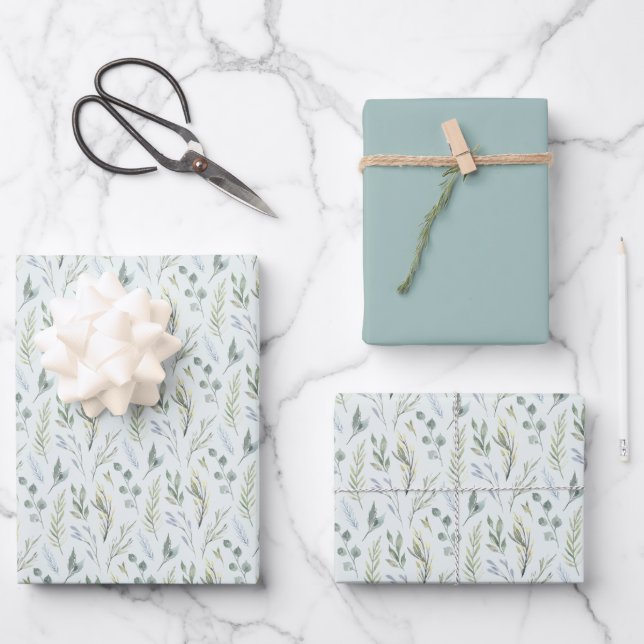 Feuille De Papier Cadeau Aquarelle bleu vert Botanique (Recto)