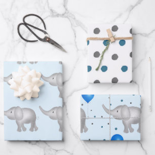 Feuille De Papier Cadeau Aquarelle bleue Eléphants et points Motif ensemble
