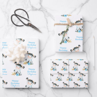 Feuille De Papier Cadeau Aquarelle bleue Petite vache