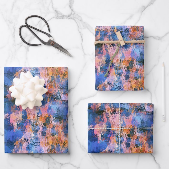 Feuille De Papier Cadeau Aquarelle bleue Rose or orange (Recto)