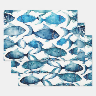 Feuille De Papier Cadeau Aquarelle Blue Ocean Fish   Motif Nautique Enfants