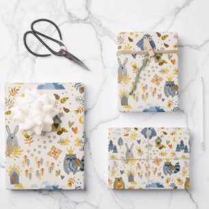 Feuille De Papier Cadeau Aquarelle Bois Animaux Motif