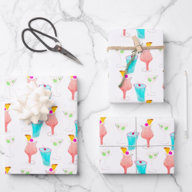 Feuille De Papier Cadeau Aquarelle Boissons Martini, Cocktails, Mélangez Le (Recto)