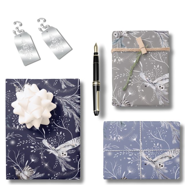 Feuille De Papier Cadeau Aquarelle botanique du hibou d'hiver ou de Noël (Winter or Christmas Snowy Owl Botanical Watercolor Wrapping Paper Sheets)
