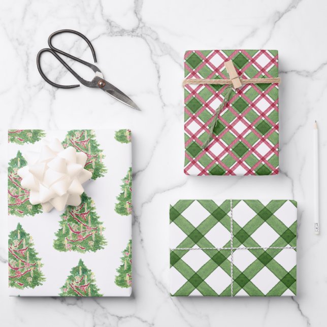 Feuille De Papier Cadeau Aquarelle Bourgogne et arbre de Noël vert plaid (Recto)