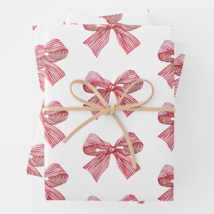 Feuille De Papier Cadeau Aquarelle Bow rayé rouge et blanc