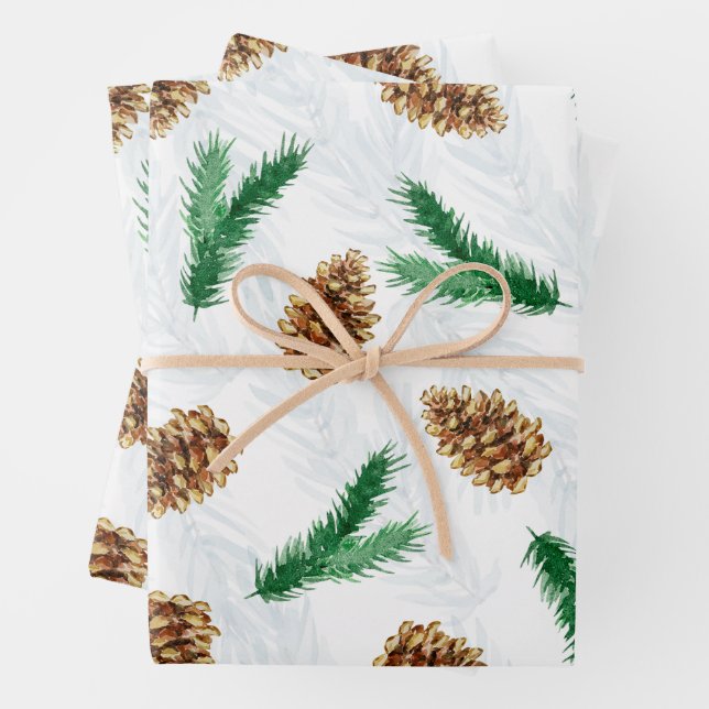 Feuille De Papier Cadeau Aquarelle Branches de pin et Pinecones Noël (En situation)