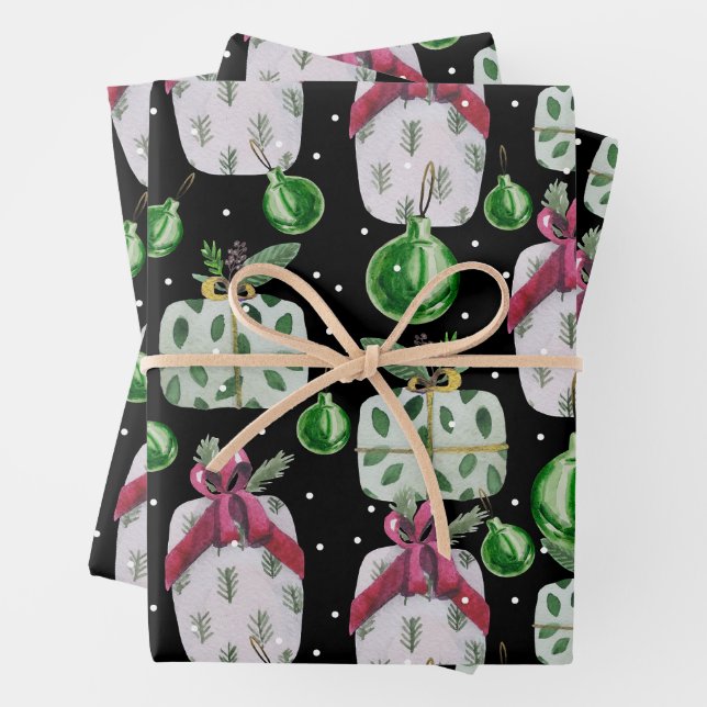 Feuille De Papier Cadeau Aquarelle Cadeaux de Noël et ornements (En situation)