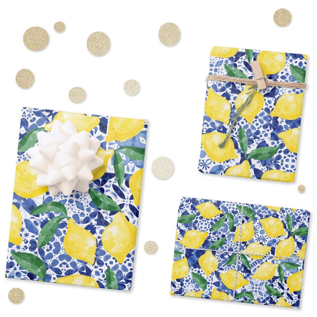 Feuille De Papier Cadeau Aquarelle Carrelage méditerranéen Citron Motif Cit (Watercolor lemons on a blue and white Mediterranean tile pattern gift wrap sheets)
