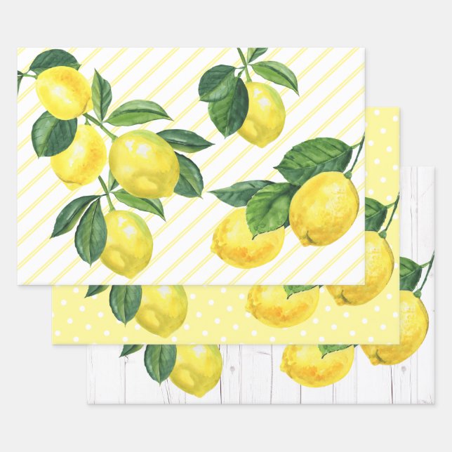 Feuille De Papier Cadeau Aquarelle champêtre frais agrumes citrons (Lot)