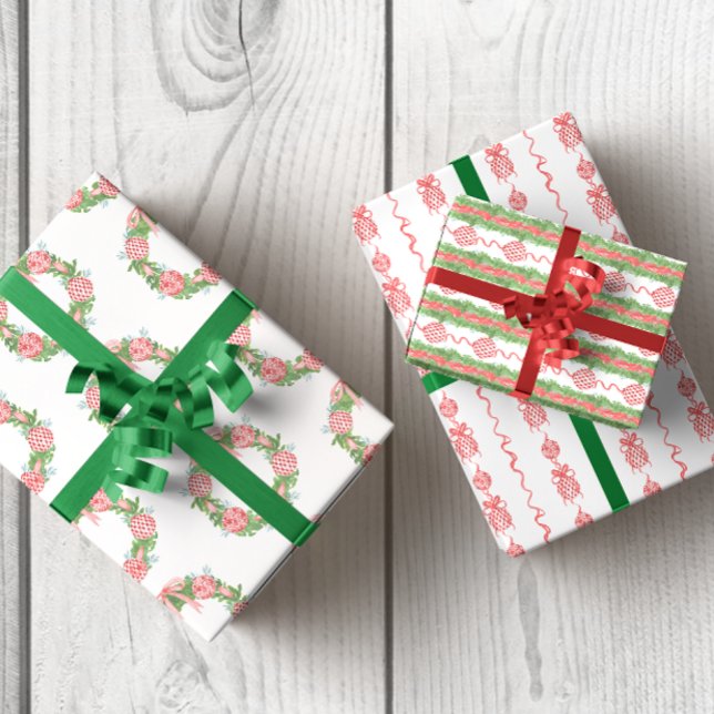Feuille De Papier Cadeau Aquarelle Chinoiserie Wreath & Garland Christmas (Chinoiserie Red Christmas Ornament Wreaths Wrapping Paper)