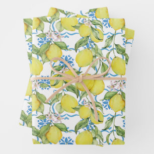 Feuille De Papier Cadeau Aquarelle Citrons jaunes et Fleurs de citron