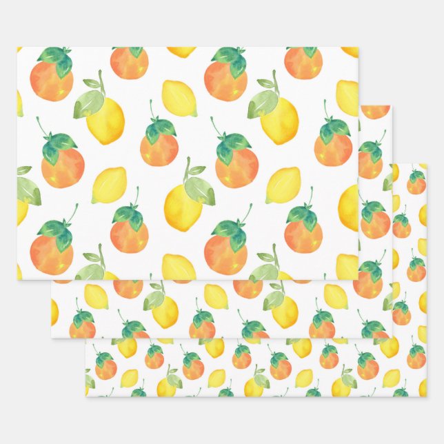 Feuille De Papier Cadeau Aquarelle Citrons & Oranges Motif (Lot)