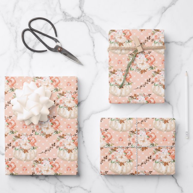 Feuille De Papier Cadeau Aquarelle Citrouille Floral Pêche Blush Girly Girl (Recto)