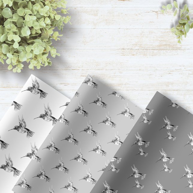Feuille De Papier Cadeau Aquarelle Colibri noir et blanc (Créateur téléchargé)