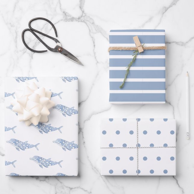 Feuille De Papier Cadeau Aquarelle côtière bleu Polka Dot Dolphin (Recto)