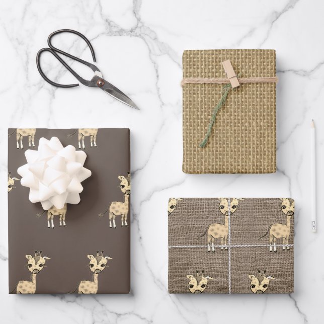 Feuille De Papier Cadeau Aquarelle Cute Giraffe Sur Faux Burlap Rustique (Recto)