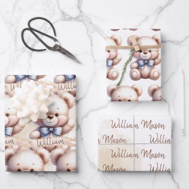 Feuille De Papier Cadeau Aquarelle de Baby shower d'ours en peluche (Recto)