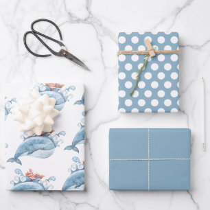 Feuille De Papier Cadeau Aquarelle de baleine bleue Anniversaire