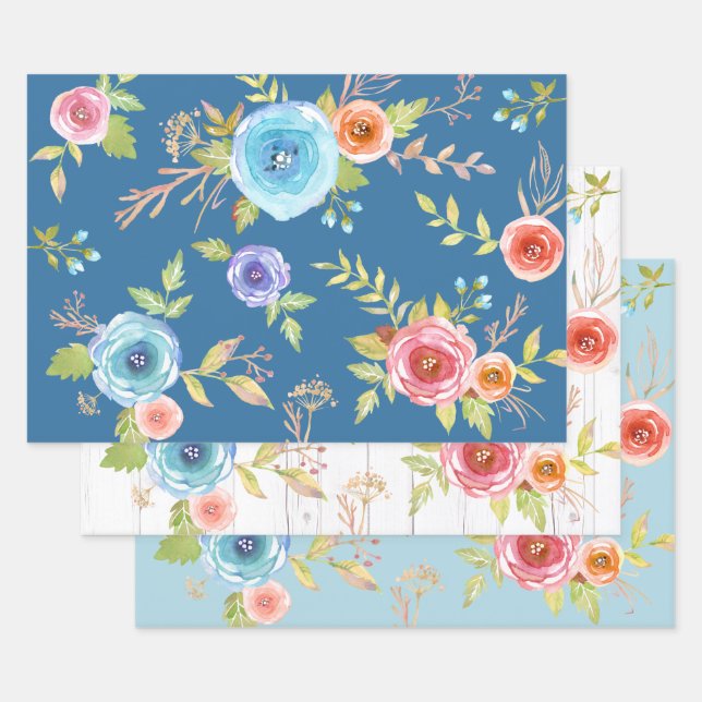 Feuille De Papier Cadeau Aquarelle de couleur bleu rouge élégant (Lot)
