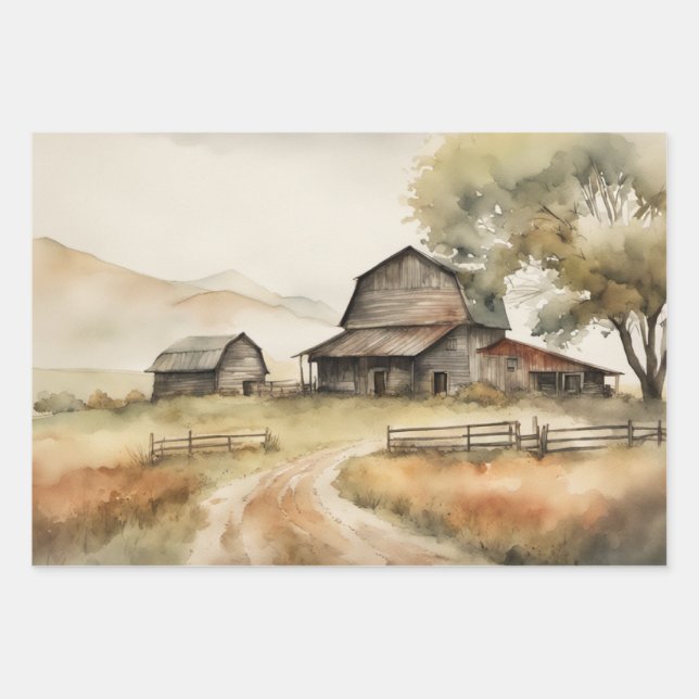 Feuille De Papier Cadeau Aquarelle de la ferme (Devant)