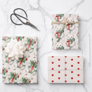 Feuille De Papier Cadeau Aquarelle de l'ours polaire mignon rouge et blanc