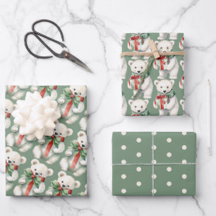Feuille De Papier Cadeau Aquarelle de l'ours polaire vert