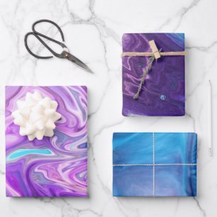 Feuille De Papier Cadeau Aquarelle de marbre bleu mélangé, violet, rose