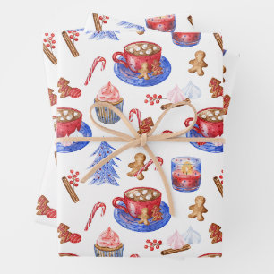 Feuille De Papier Cadeau Aquarelle de Noël Chocolat chaud et sucré