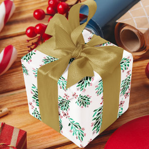 Feuille De Papier Cadeau Aquarelle de Noël Motif Mistletoe tirée à la main