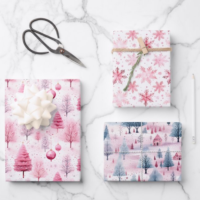 Feuille De Papier Cadeau Aquarelle de Noël rose neige Design (Recto)